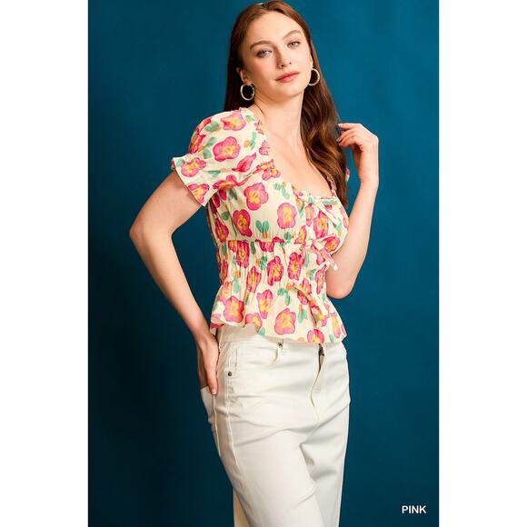 UMGEE Cream Pink Floral Smocked Peplum Short Sleeve Blouse Top NEW - Picture 4 of 7